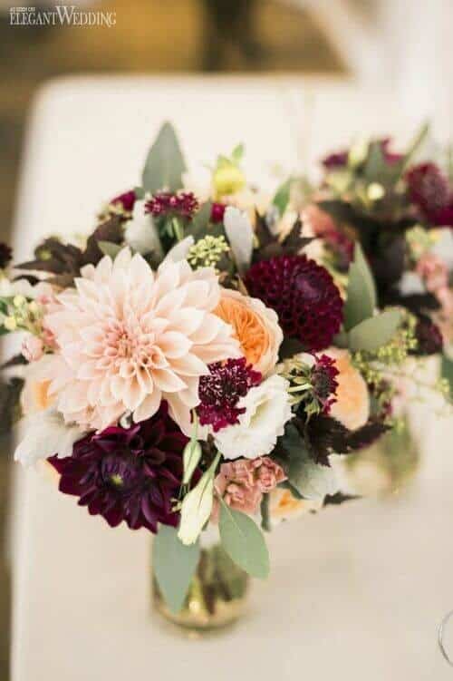 Burgundy and white Dahlia centerpieces