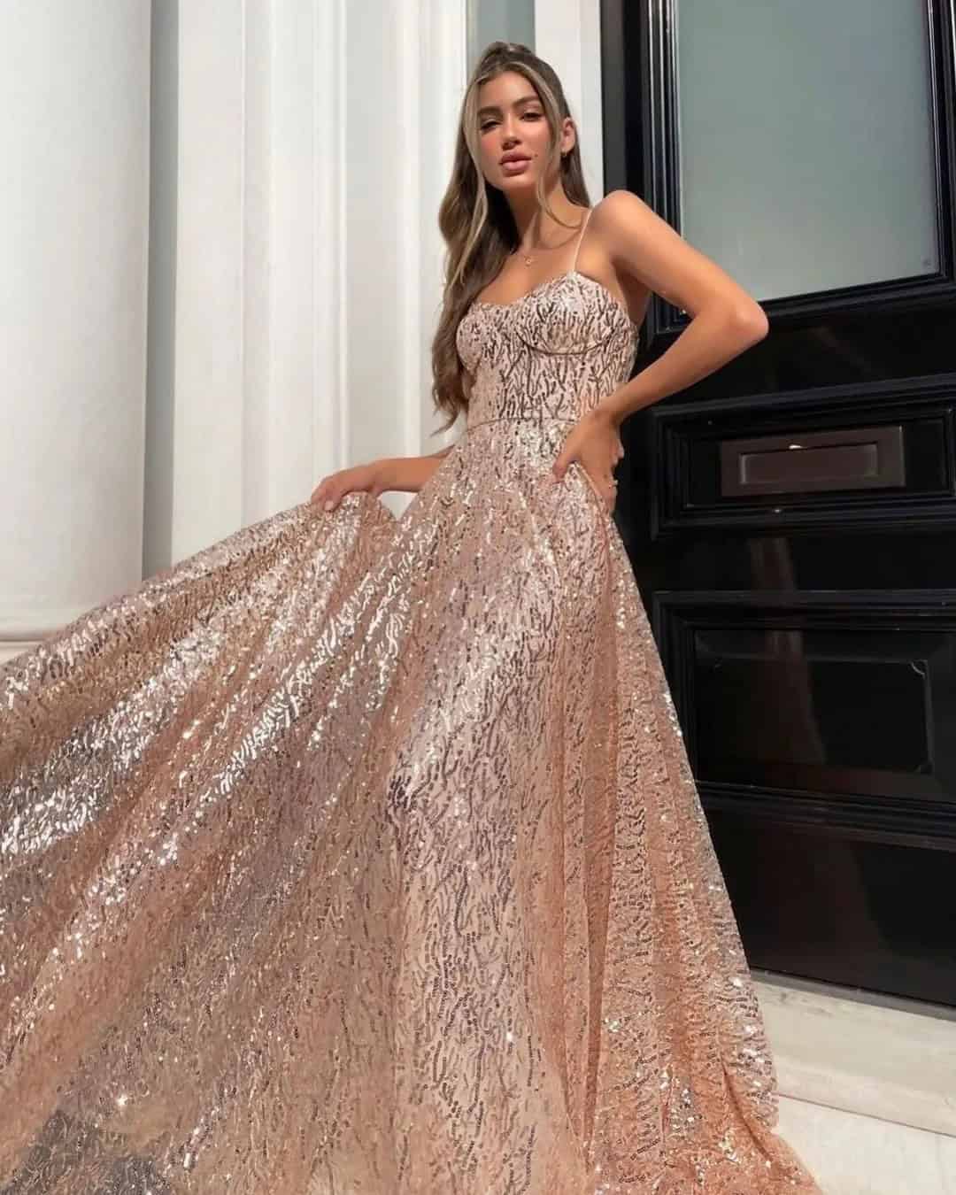 Rose Gold Dreses With Flare Skirt