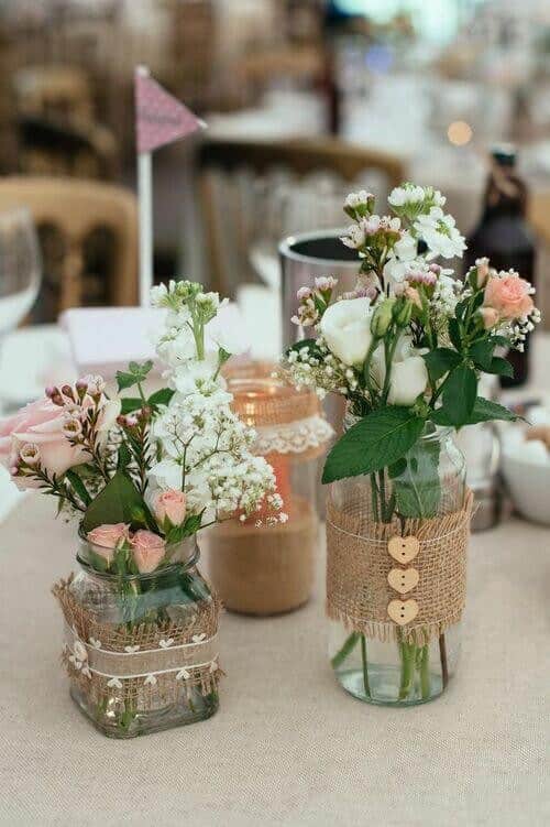 Burlap and lace glass decor