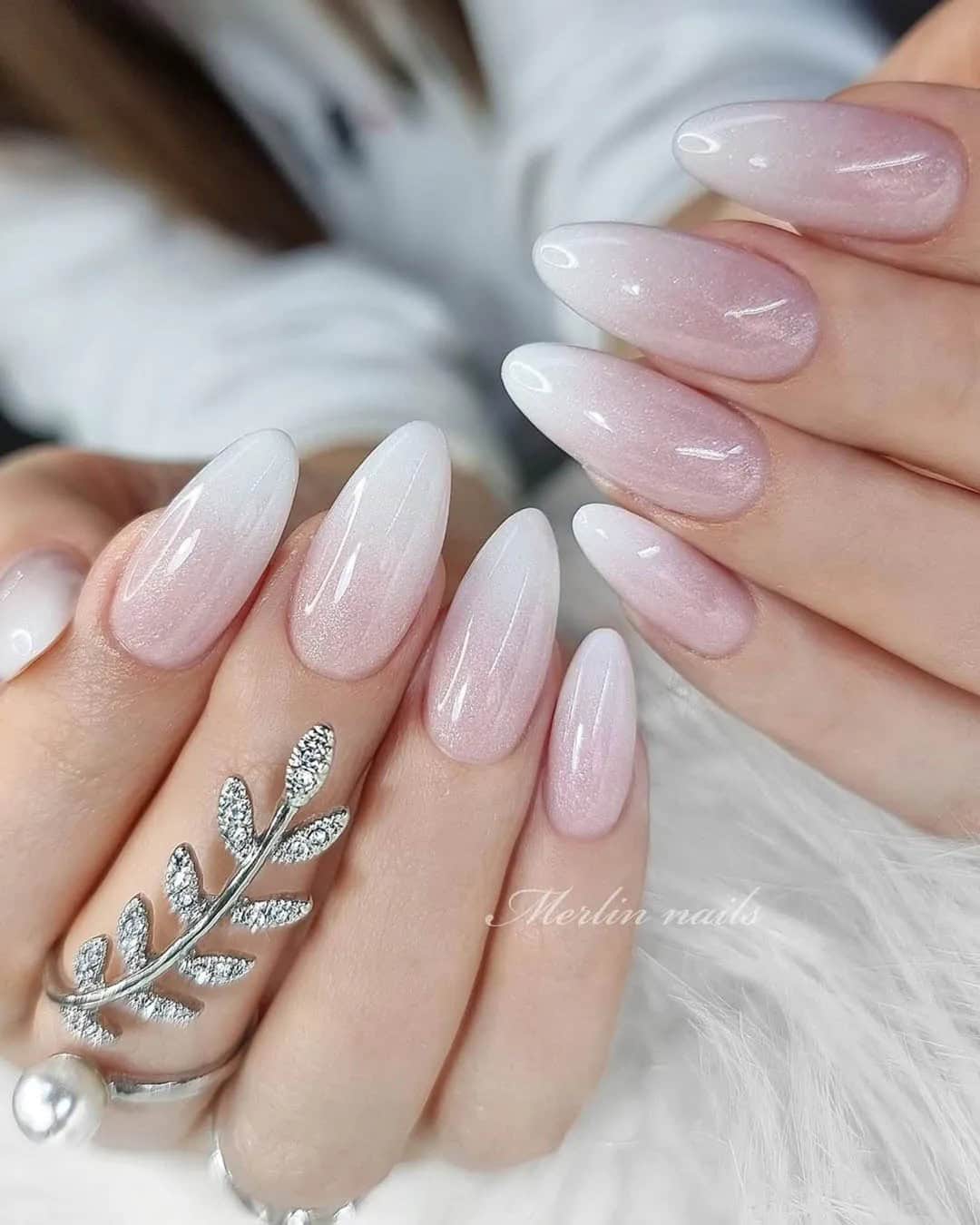 White Nails With Glitter For Bride