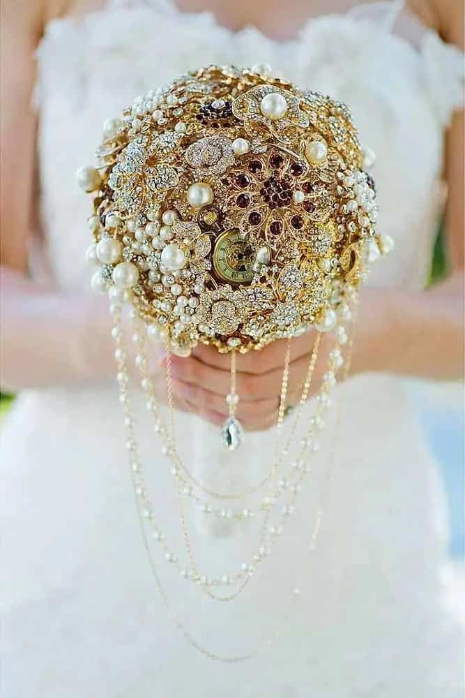 Brooch Bouquets With Cascading Pearls And Crystals