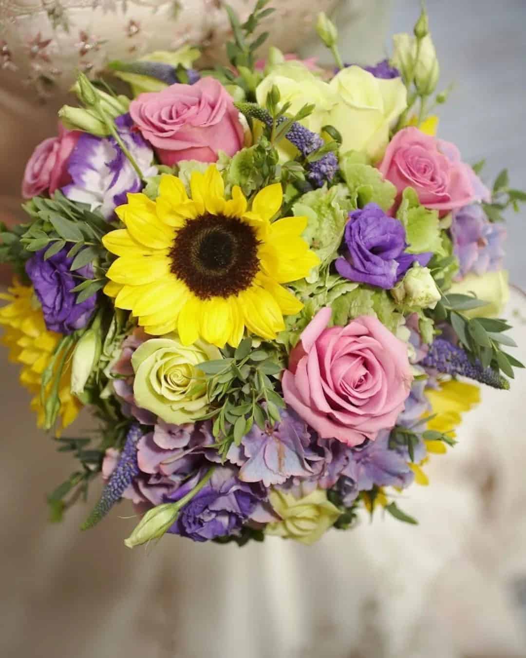 Blue & Purple Bridal Bouquets with Sunflower