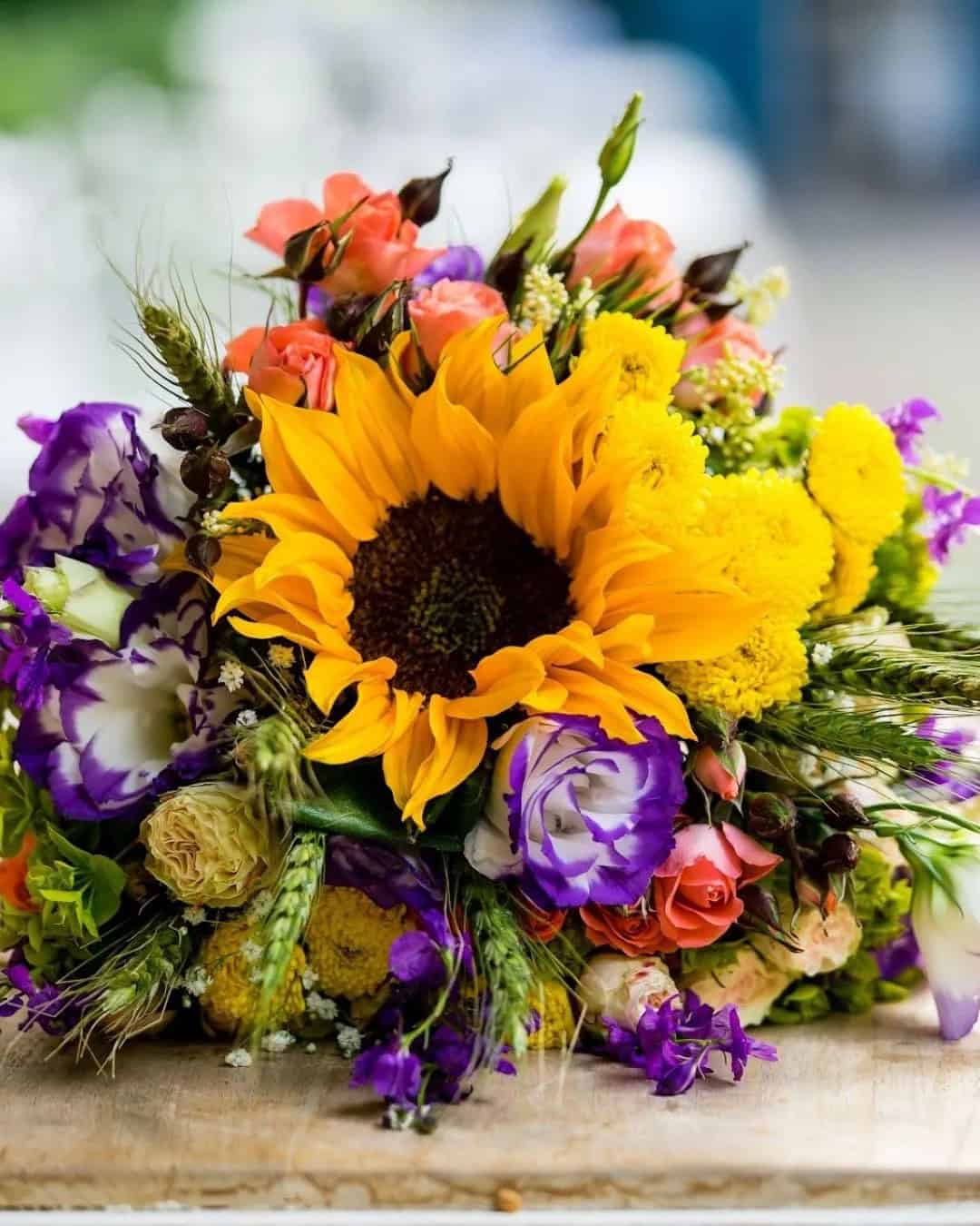 Blue & Purple Bridal Bouquets with Sunflower