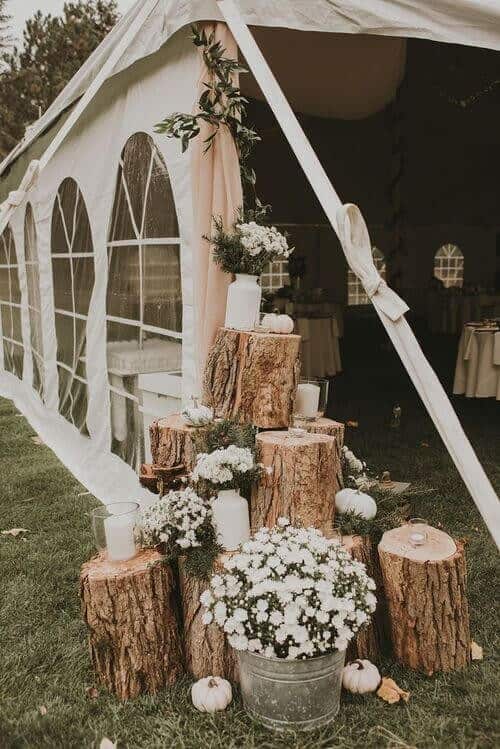 Logs decorated with candles and white flowers