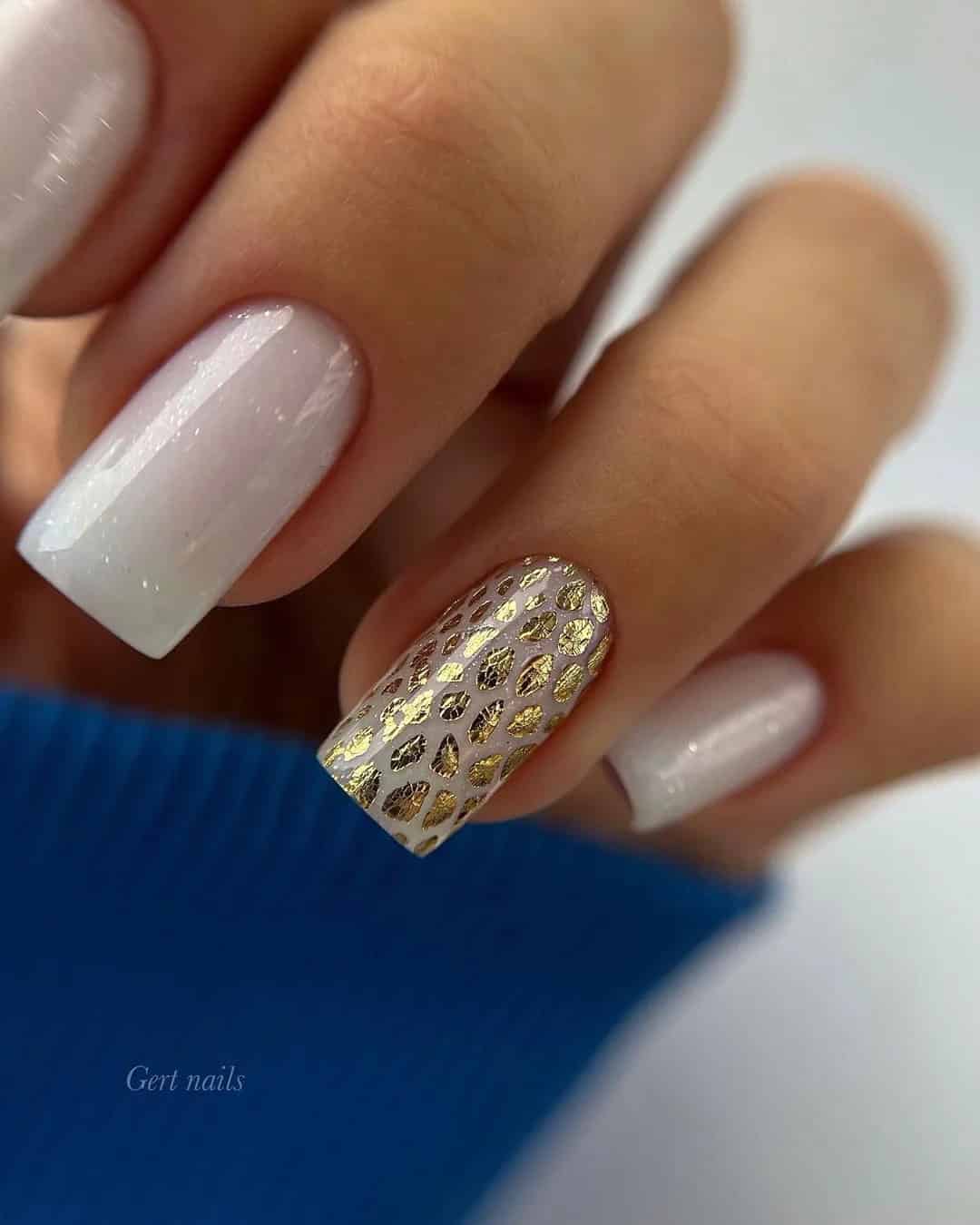 White and Gold Bridal Nails