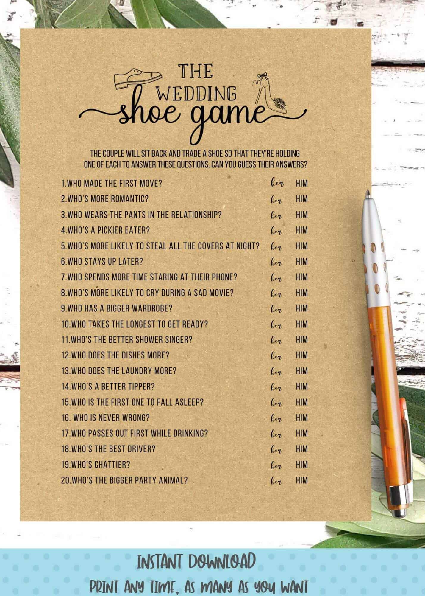 Printable with questions for the wedding shoe game