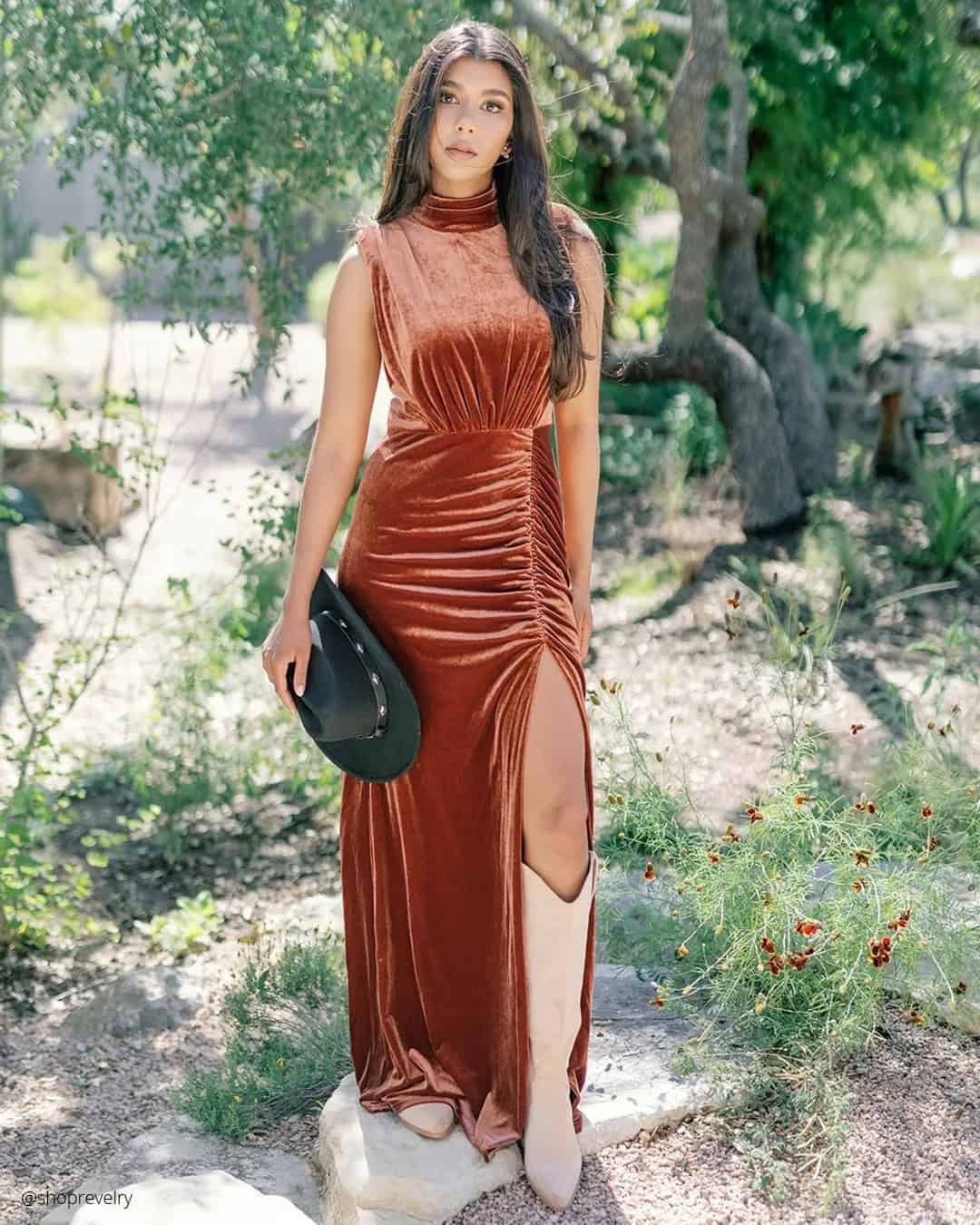 Velvet Burnt Orange Bridesmaid Dresses