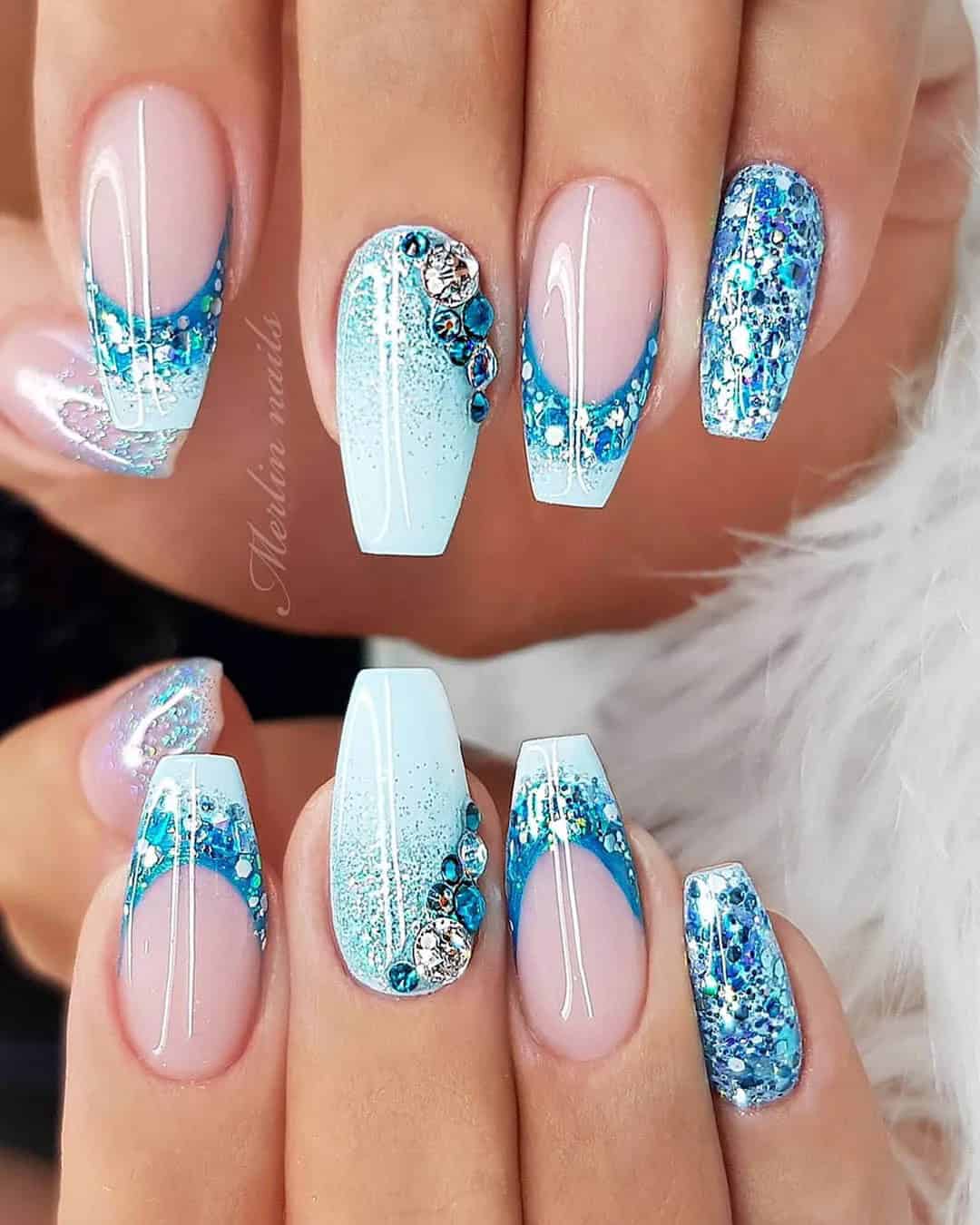 Glittered Blue Wedding Nails