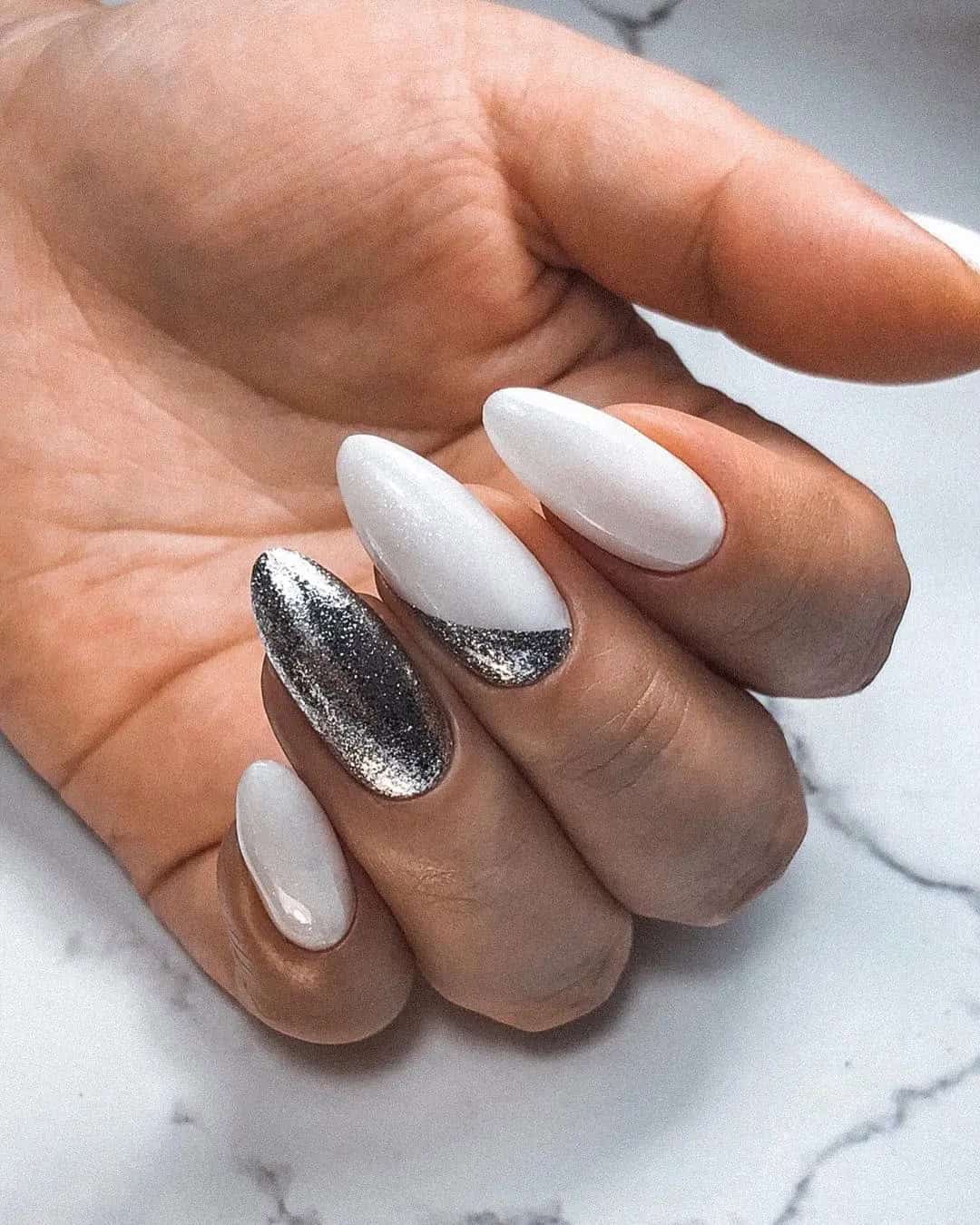 White And Silver Bridal Nails