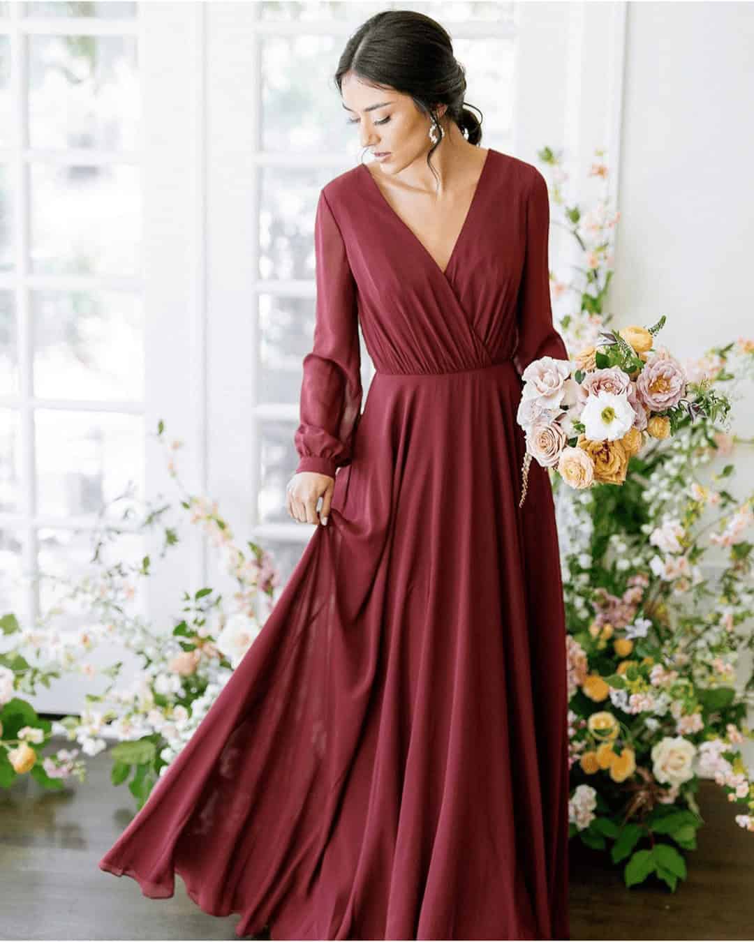 Burgundy Bridesmaid Dresses With Sleeves