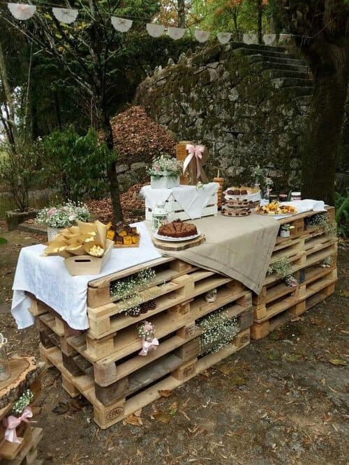 Stacked wood pallet snack table