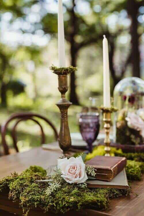 Mossy centerpieces with gold accents