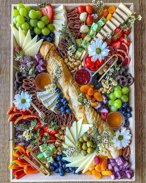 Bountiful bread, cheese, and fruit board