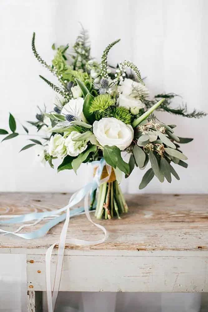 Green Wedding Florals With Ribbon