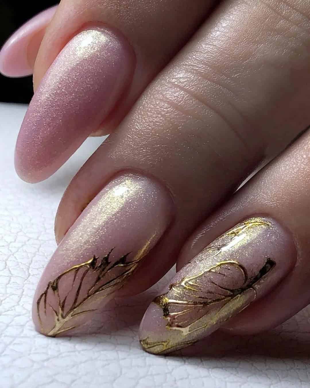 Wedding Nails With Golden Leaves