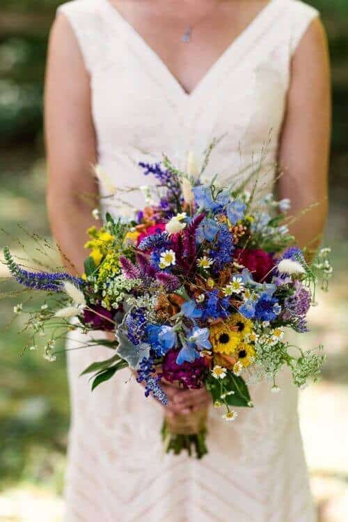 Purple, blue, and yellow bouquets