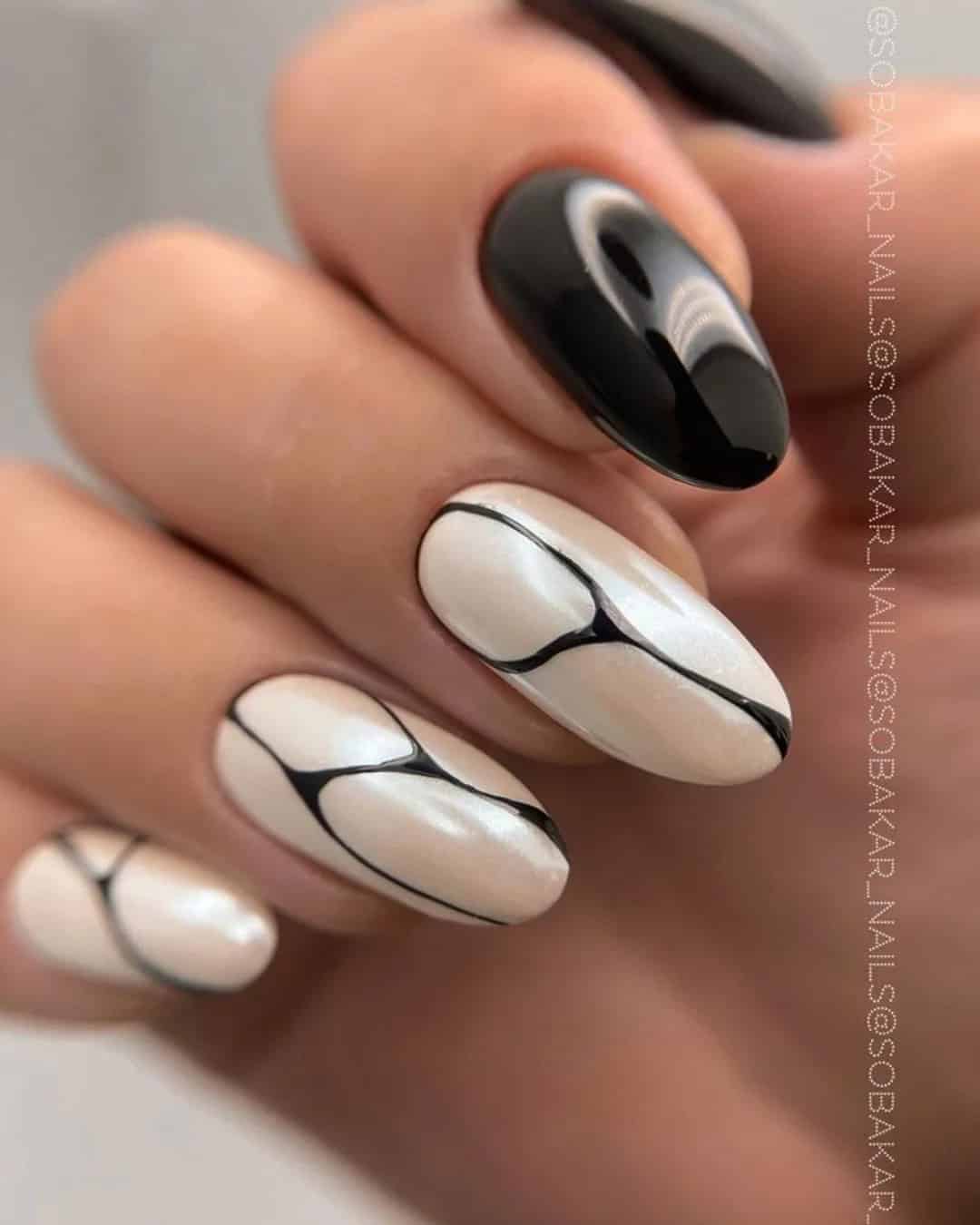 Elegant Black And White Wedding Nails