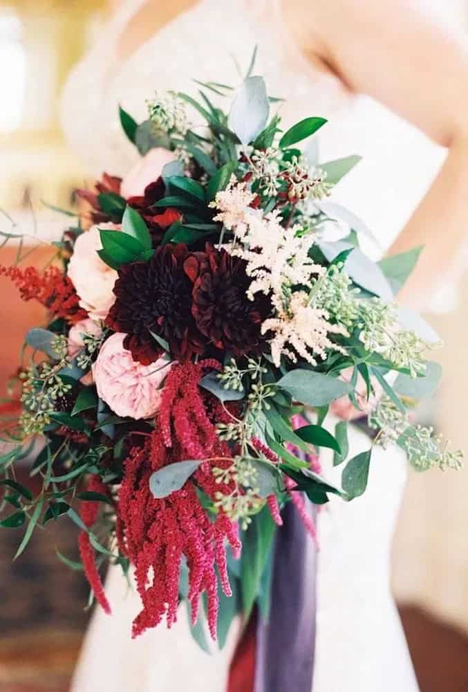 White And Burgundy Flowers In Greenery Bouquets