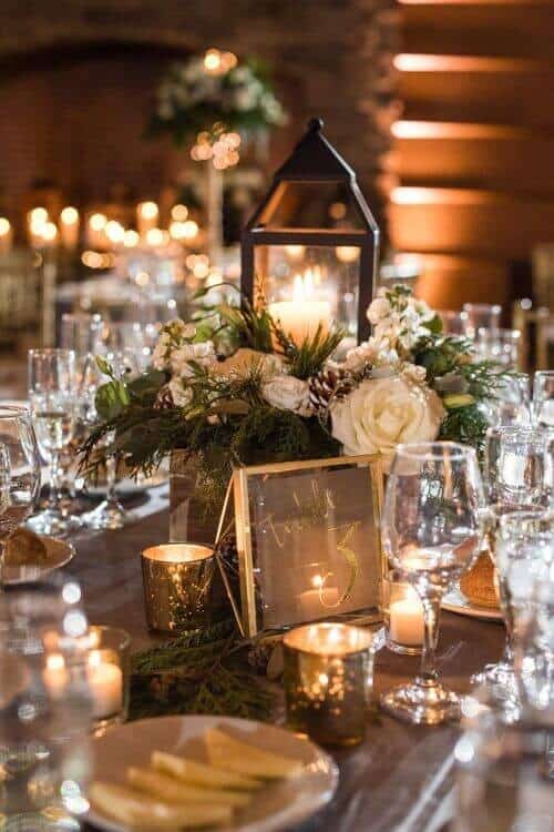 Green and white decor with rustic lanterns