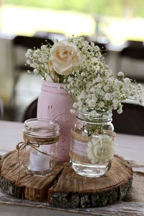 White roses and pastel pink mason jars