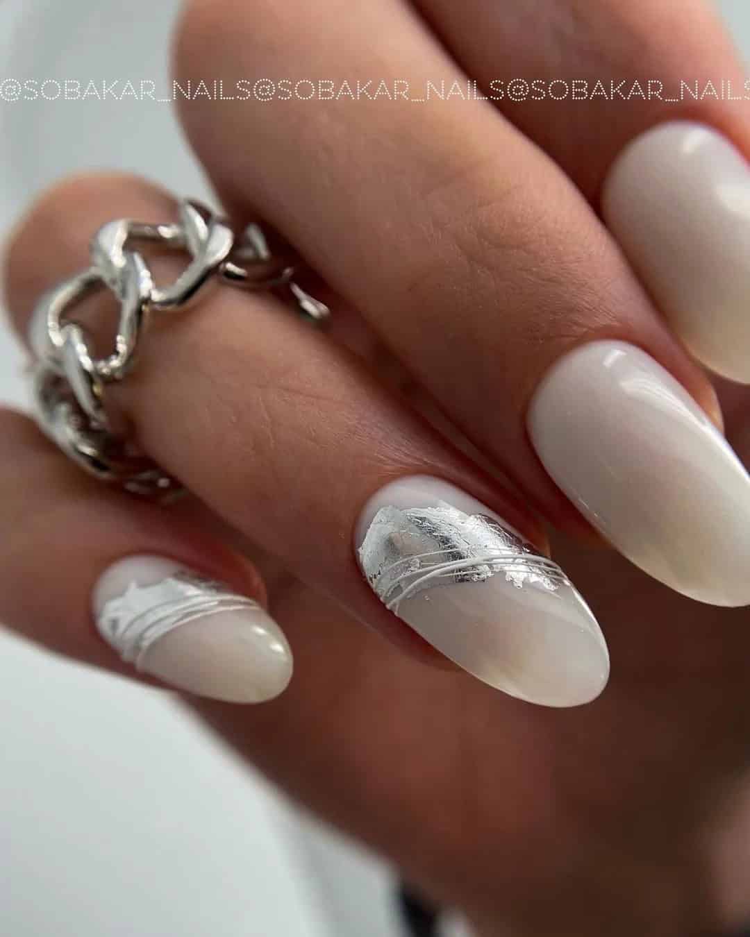 White And Silver Bridal Nails