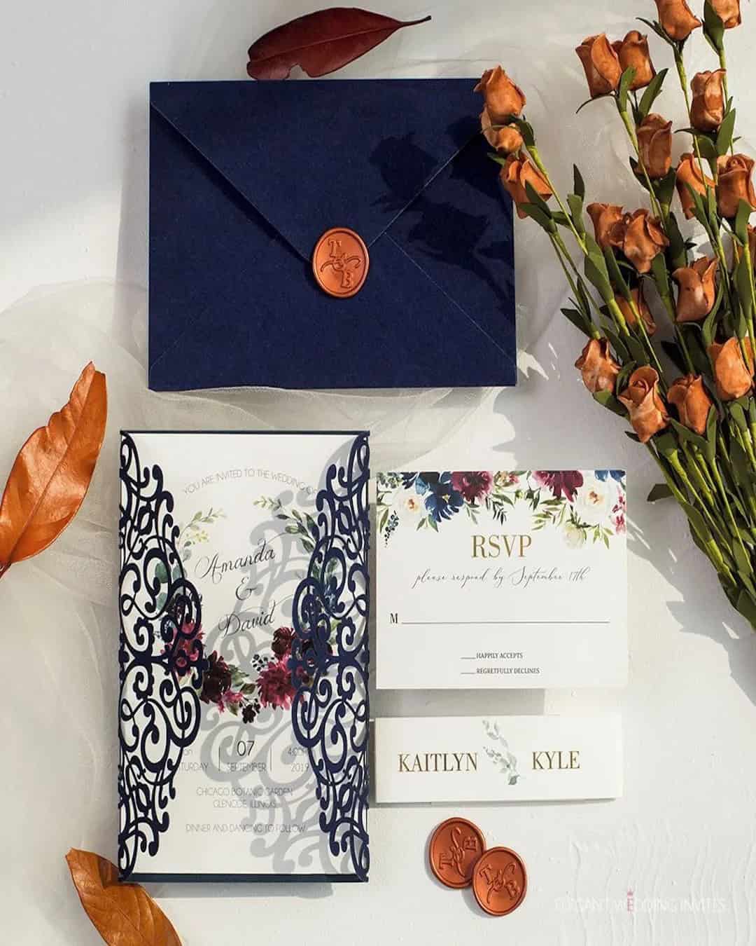 Wedding Invitation in Terracotta and Navy Colors