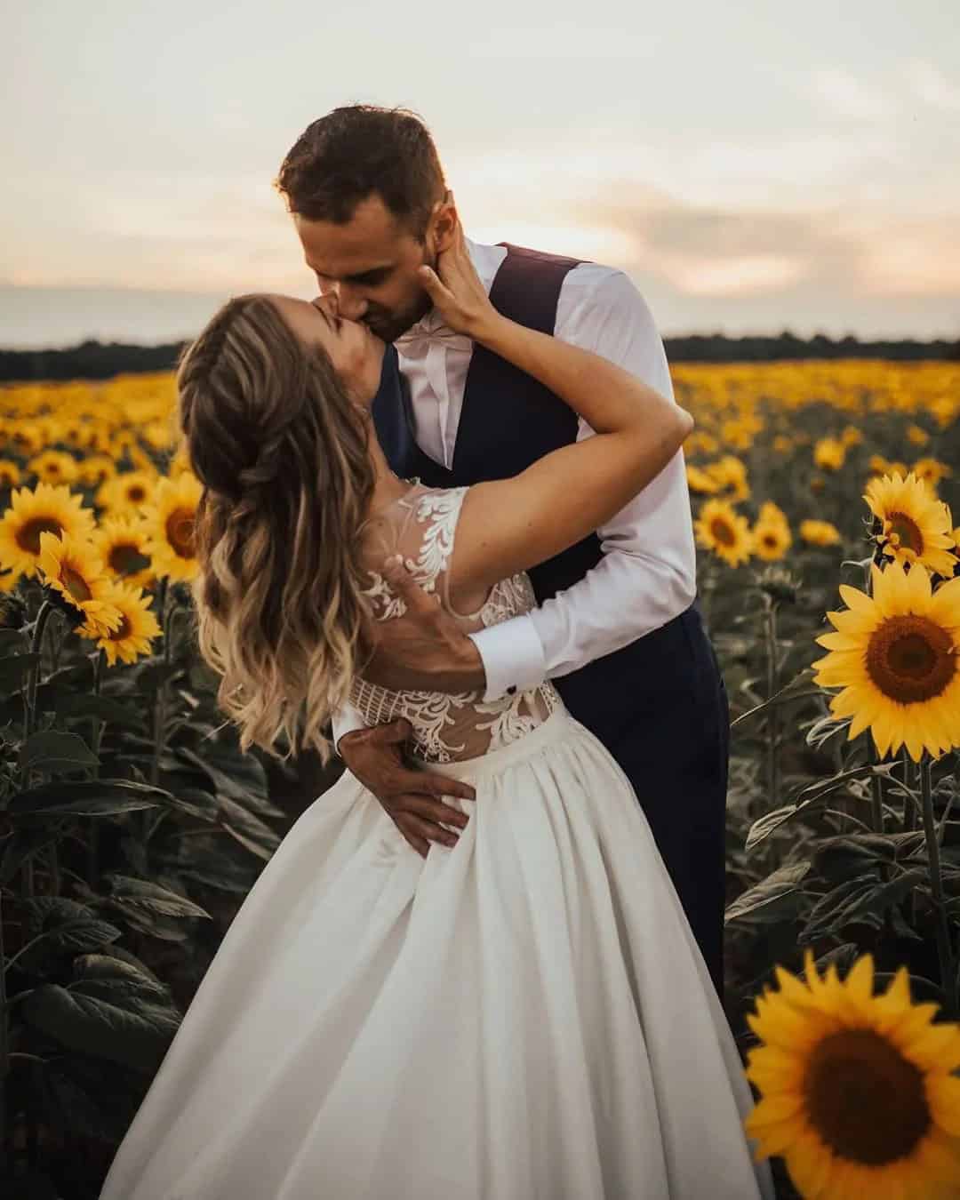 Cheerful Wedding In Flower Field