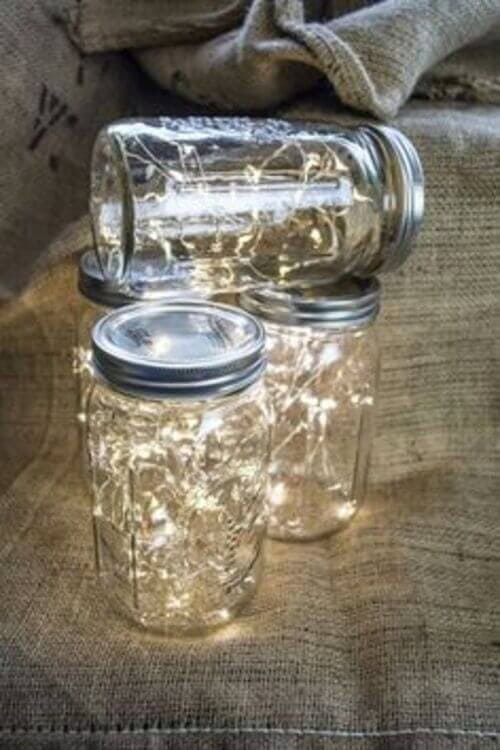 Mason jars filled with fairy lights