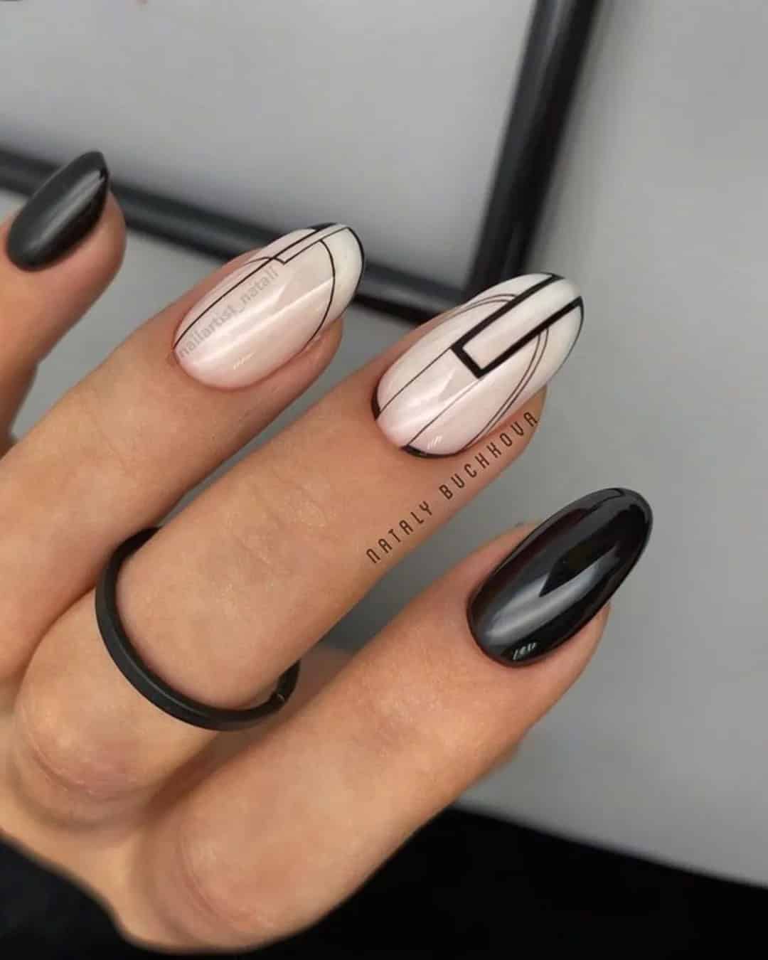 Elegant Black And White Wedding Nails