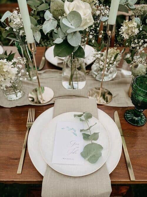 Green and gold wedding table decor