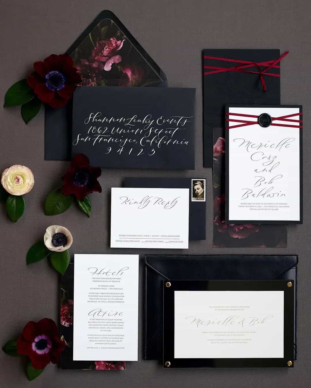 Floral Black And Red Invitations