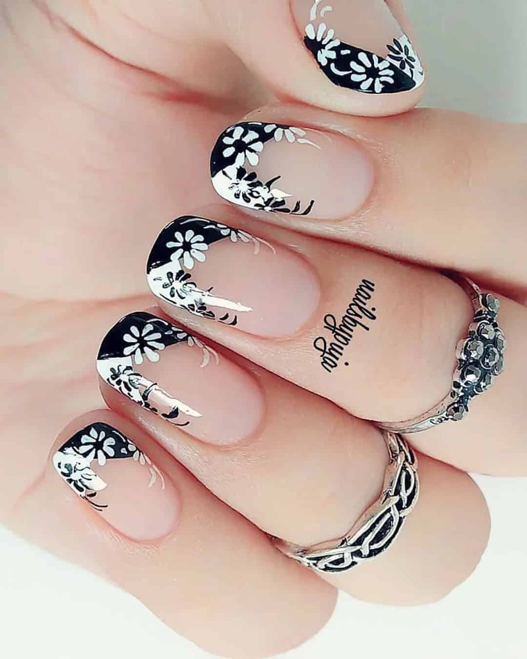 Elegant Black And White Wedding Nails