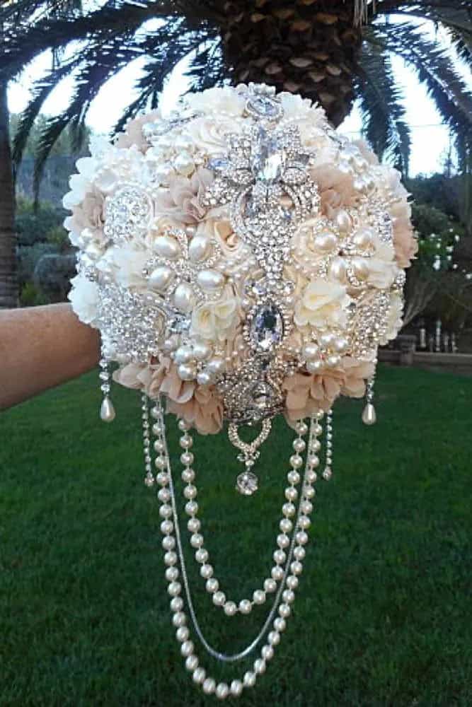 Brooch Bouquets With Cascading Pearls And Crystals