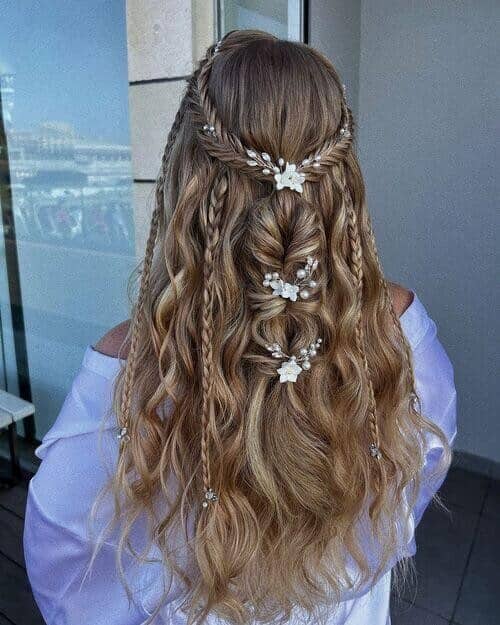 Half Up Downdo with Mixed Braids and Flower Details