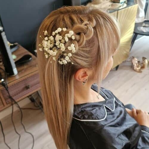 Straight Hair with Side Braid with Flower Accent