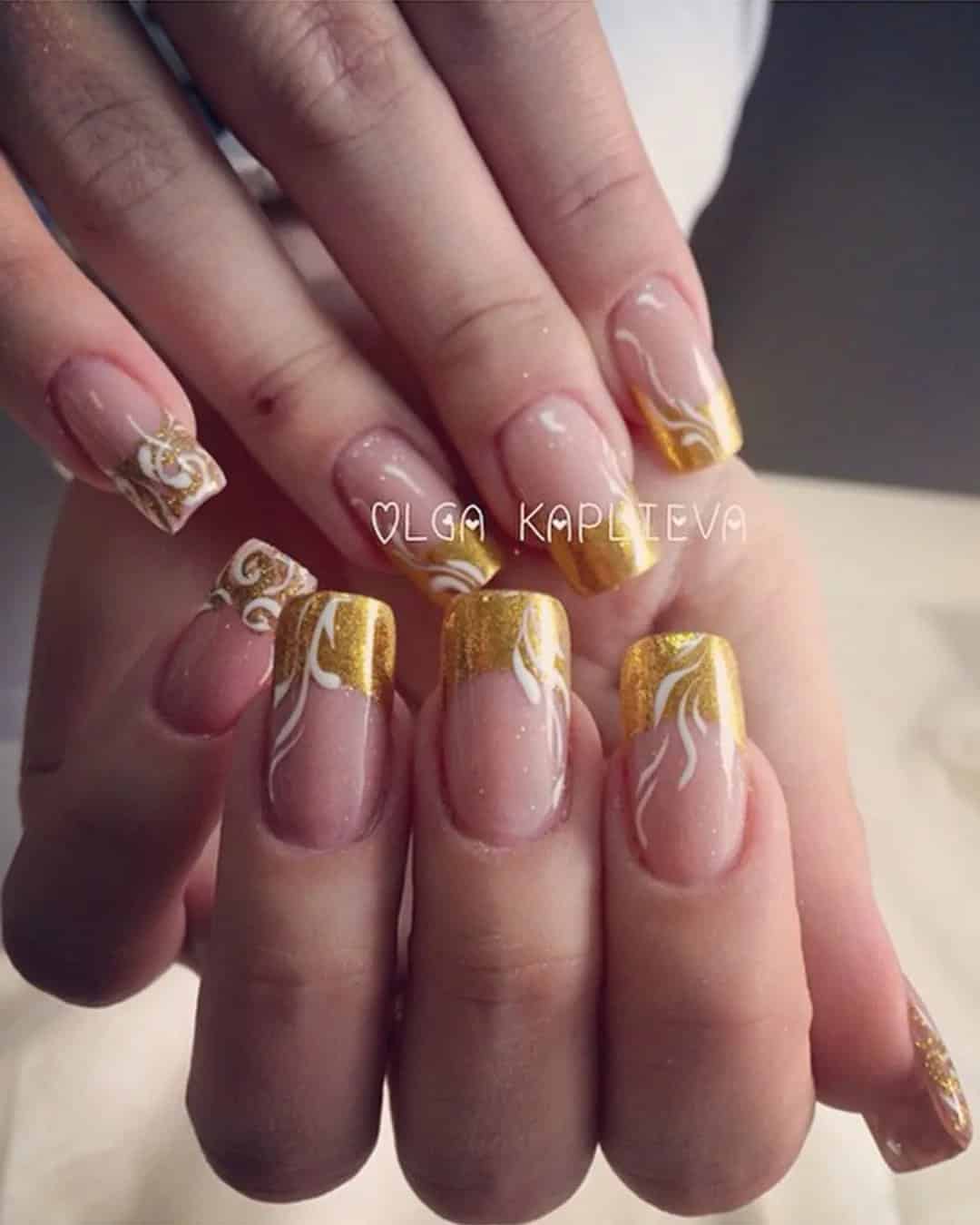 Wedding Nails With Golden Leaves