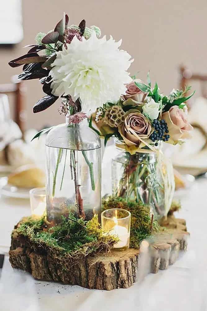 Floral Centerpieces With Moss and Greenery