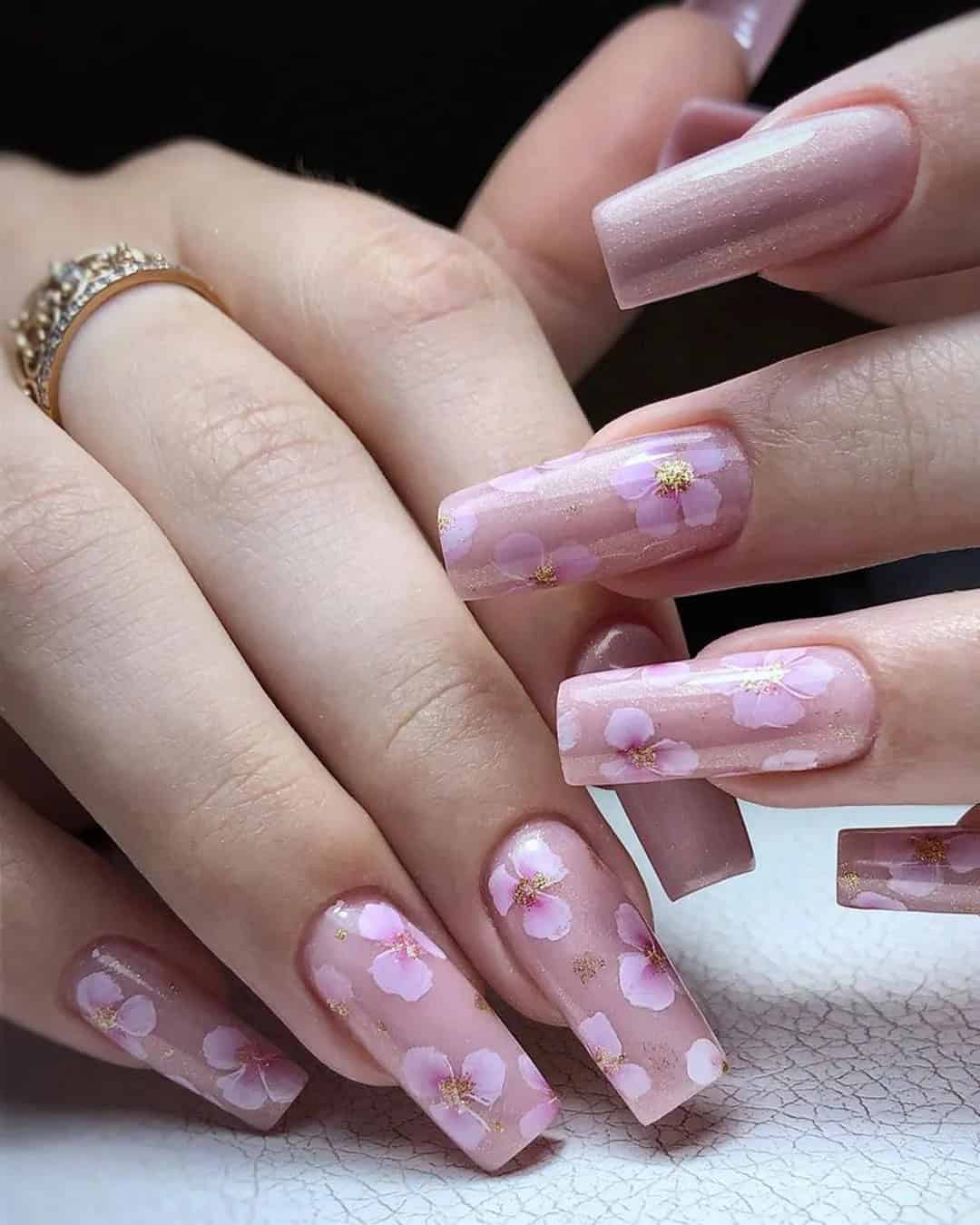 Nude Wedding Nails With Flowers