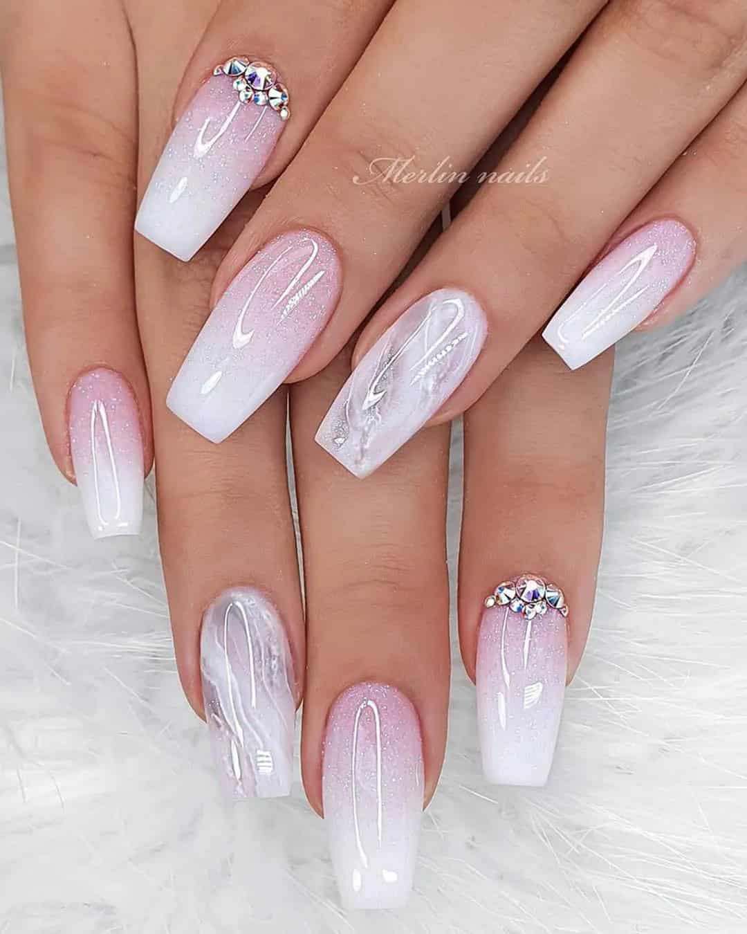 White Nails With Glitter For Bride