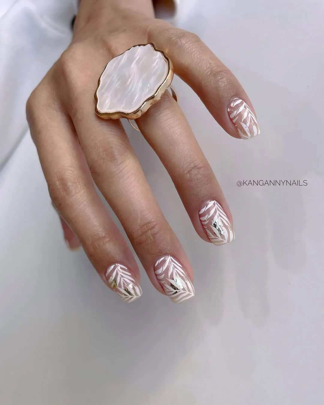 Nude And White Wedding Nails