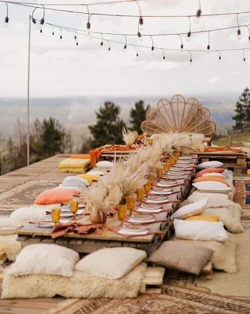 Floor seating with colored pillows