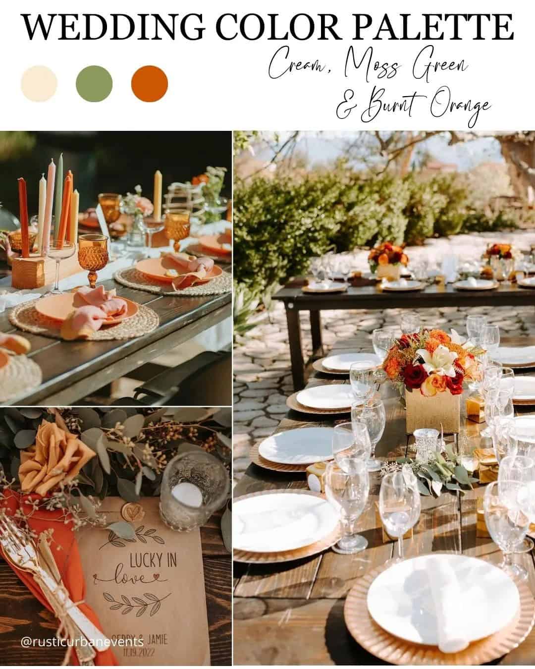 Cream, Moss Green, and Burnt Orange Wedding Colors Combination