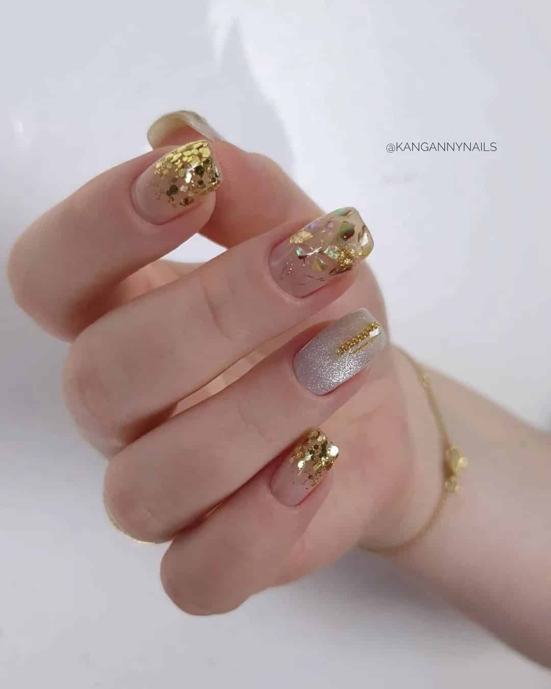 Nude Bridal Nails With Gold Touch