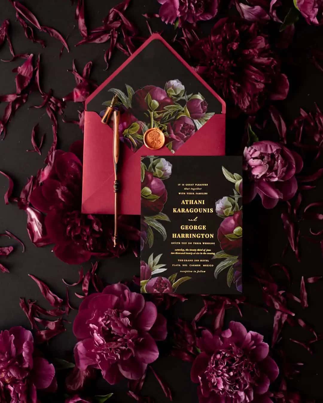 Floral Black And Red Invitations