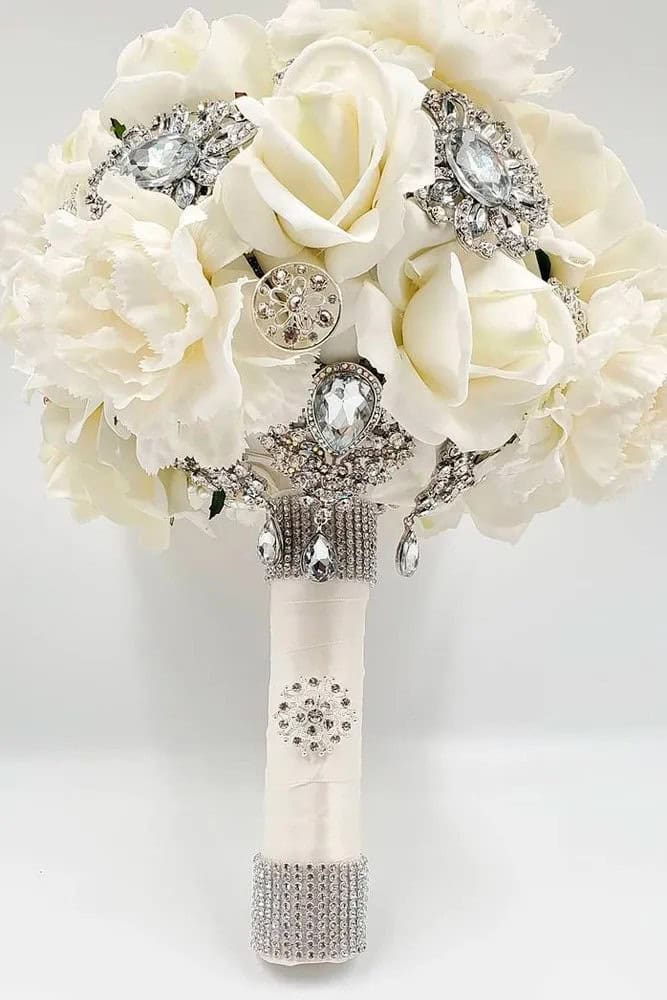 Classy Brooch Bouquets In White Colors With Rhinestones