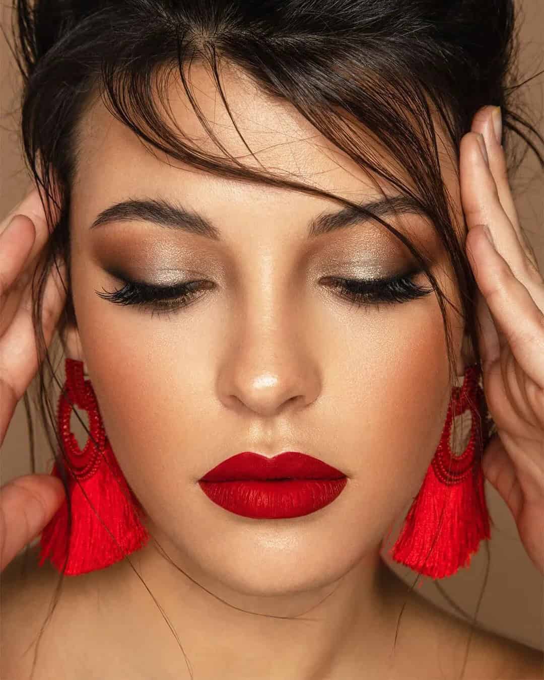 Gold And Red Lip Wedding Makeup