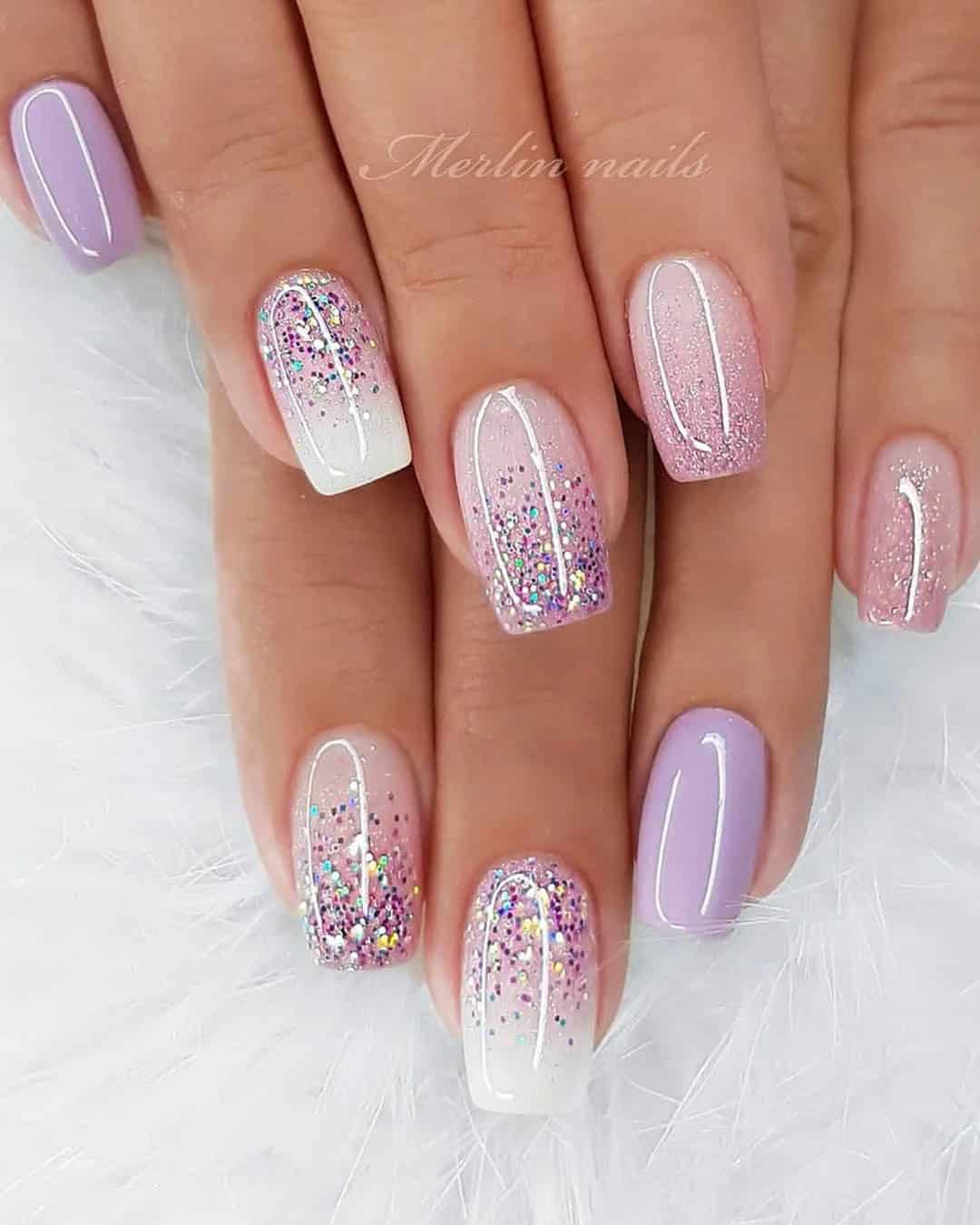 Lilac Nails With Glitter For Wedding