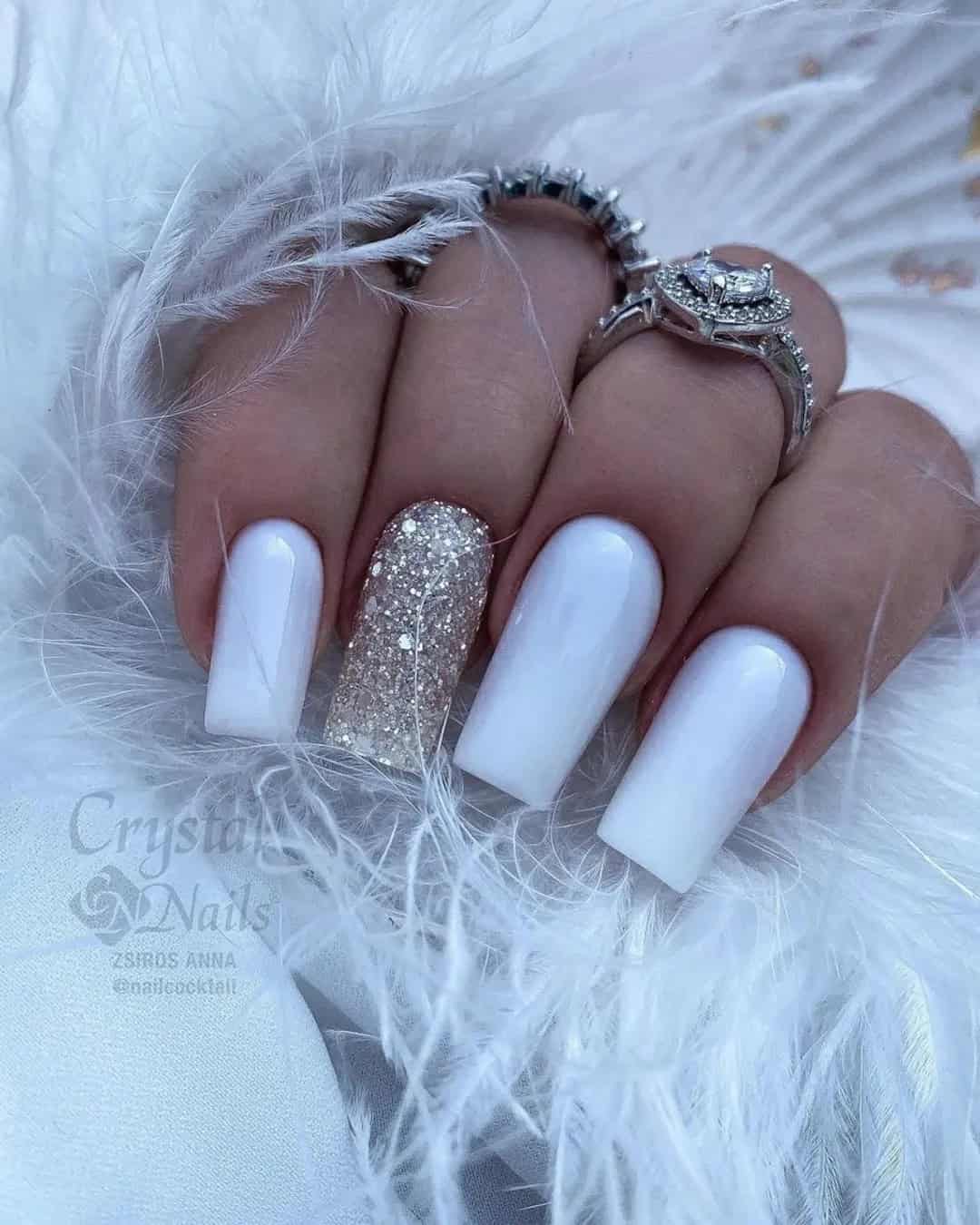 White And Silver Bridal Nails