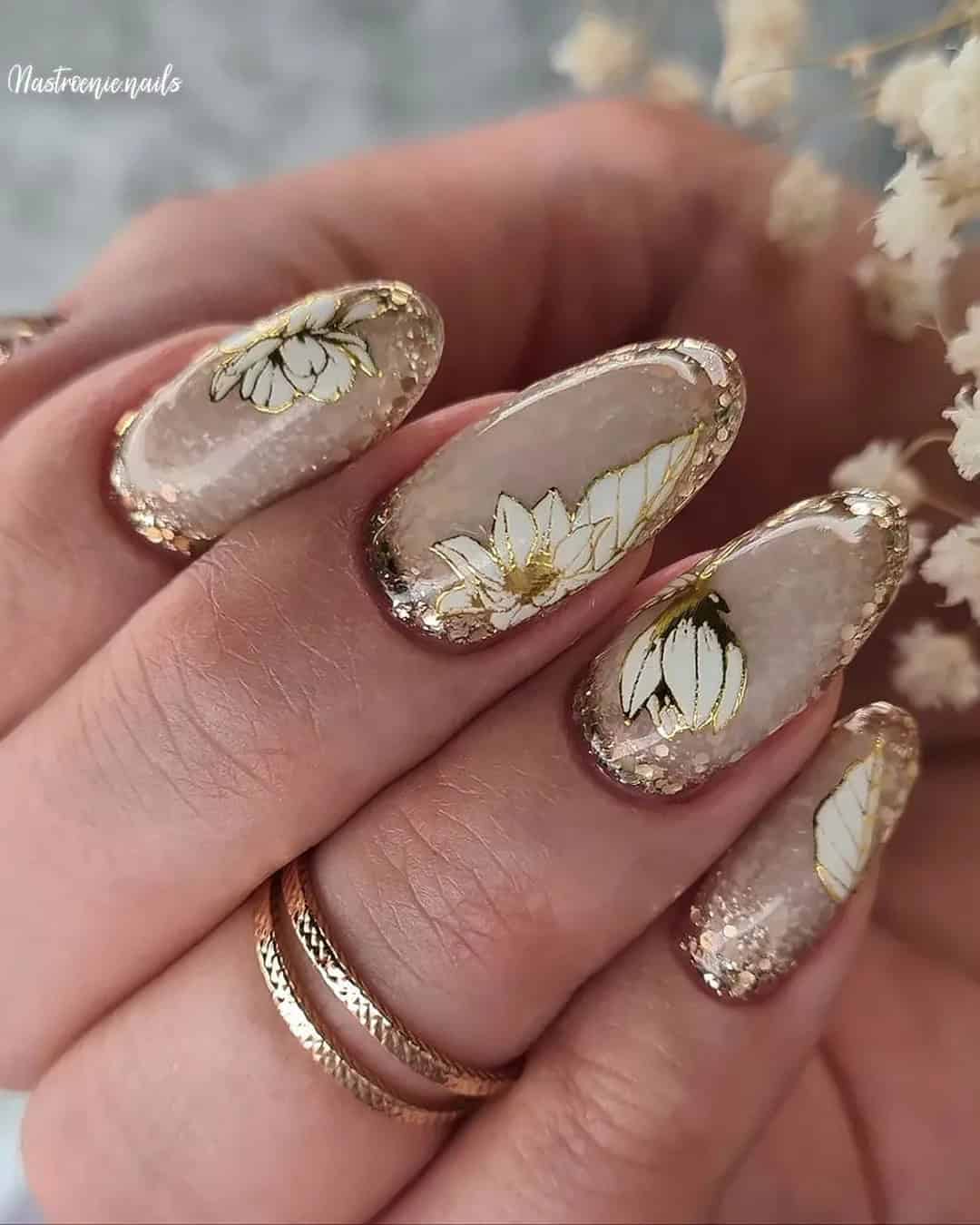 Fall Bridal Nails With Gold