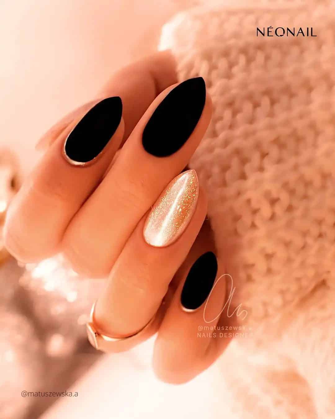 Matte Black Nails With Gold